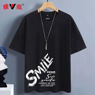 雅鹿短袖t恤男純棉圓領(lǐng)韓版寬松大碼半截袖青少年學(xué)生夏季休閑男士t恤 黑/SMILE白 M （重110-120斤高160-165）