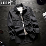 JEEP SPIRIT男裝純棉歐美風(fēng)外套男潮牌工裝長袖襯衫春季寬松襯衣上衣 黑色 L