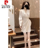 皮爾卡丹（pierre cardin）小香風(fēng)連衣裙女春夏歐貨中長(zhǎng)薄款杏色綁帶收腰長(zhǎng)袖v領(lǐng)溫柔裙大碼 白色【連衣裙】 2XL 【130斤-150斤】