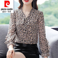 皮爾卡丹（pierre cardin）碎花小衫新款雪紡上衣女23夏季長袖小清新襯衫洋氣打底衫女 豹紋 2XL 建議125-135斤