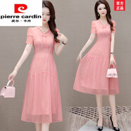 皮爾卡丹（pierre cardin）優(yōu)雅純色連衣裙女2025新款夏季收腰系帶女神范氣質(zhì)減齡中長a字裙 粉色 M