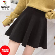 啄木鳥(niǎo)a字半身裙女2024新款秋冬韓版百褶傘裙松緊高腰針織毛線(xiàn)蓬蓬短裙 加厚黑色 均碼 建議80-145