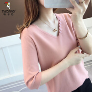 啄木鳥七分袖V領(lǐng)針織t恤女春夏款學(xué)院風(fēng)寬松毛衣空調(diào)衫套頭中袖薄款上衣 粉紅色 2XL (建議120-135斤)