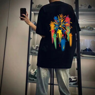 南極人美式復古星星字母印花t恤男女夏季新款潮牌寬松短袖ins學(xué)生上衣服 黑色 M 款85-100斤