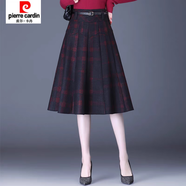 皮爾卡丹（pierre cardin）格子毛呢半身裙女秋冬季新款高腰短裙A字裙顯瘦時(shí)尚百褶傘裙 大紅格長款 /26建議95斤以內(nèi) S