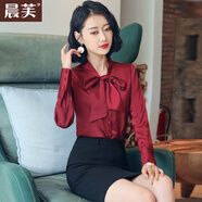 晨芙蝴蝶結雪紡襯衫女長(cháng)袖打底衫時(shí)尚飄帶領(lǐng)襯衣職業(yè)裝前臺領(lǐng)班工作服 酒紅色襯衫+黑色西群 XL 建議110-125斤