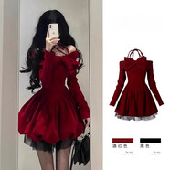 天啟世紀新年戰袍紅色一字領(lǐng)肩長(cháng)袖絲絨連衣裙女冬季純欲風(fēng)辣妹過(guò)年裙子 紅色 S 【建議90斤以?xún)取?
                                         title=