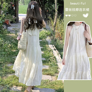 沐霓法式掛脖連衣裙女士裝夏季沙灘海邊度假風氣質(zhì)無袖碎花白色長裙子 提花掛脖無袖連衣裙【杏色】 S 建議80-100斤