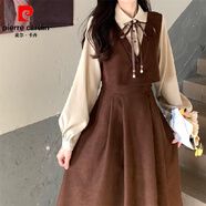 皮爾卡丹（pierre cardin）假兩件長(zhǎng)裙胖妹妹學(xué)院風(fēng)襯衫拼接赫本風(fēng)復(fù)古連衣裙學(xué)生秋新款法式 深棕色 M 【建議95-115斤】