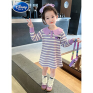 迪士尼（Disney）女童連衣裙春秋2025春裝新款寶寶裙子加絨彩虹條紋春秋兒童衛(wèi)衣裙 紫色 庫洛米條紋衛(wèi)衣裙 80 cm