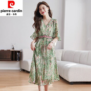 皮爾卡丹（pierre cardin）氣質(zhì)碎花連衣裙夏季2025印花新款仿冰絲長(zhǎng)裙收腰顯瘦百搭裙子 清脆綠 S 建議80-95斤