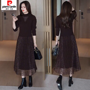 皮爾卡丹（pierre cardin）時(shí)尚針織連衣裙女秋冬新款洋氣顯瘦蕾絲拼接中長款打底裙子潮 咖啡色 M 【體重85-100斤】