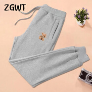 ZGWT輕奢高端品牌束腳休閑運動(dòng)褲女寬松春秋冬加絨百搭哈倫褲衛褲褲子 淺灰色-坐小熊 L 【春秋款】108-120斤