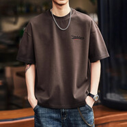 后探美式重磅短袖t恤男夏季寬松潮牌休閑圓領(lǐng)半袖安可拉紅大碼體恤男 深褐 S （90-110斤）