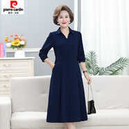 皮爾卡丹（pierre cardin）春秋季長袖連衣裙女新款洋氣大碼冬裝中媽媽裝早秋長款裙子 藏青色 XL 建議90-105斤左右