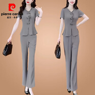 皮爾卡丹（pierre cardin）氣質(zhì)顯瘦國風(fēng)盤扣上衣微喇叭褲兩件套2025夏季新款時(shí)尚短袖套裝女 【灰色】套裝#8772 L 建議【100-115斤】