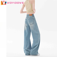 VOYDOVE淺色皮牌闊腿牛仔褲女垂感寬松顯瘦高腰2025新款春秋美式直筒褲子 淺藍(lán)色【z】 M