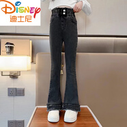 迪士尼童裝春秋新款彈力女童牛仔褲洋氣中大童寶寶兒童夏裝女孩喇叭褲子 雙層花邊喇叭褲【黑色】 140 cm