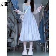 Jret藍色法式溫柔風泡泡袖連衣裙女夏季設計小眾露肩遮肉顯瘦長裙子 開衫+裙子 XL 120-135斤