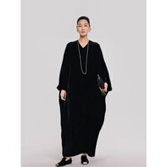 知筆墨2025春新中式重磅真絲絨蝙蝠袖V領(lǐng)寬松長(cháng)款連衣裙女高級感 黑色 均碼