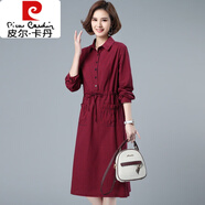 皮爾卡丹（pierre cardin）2025年春季新款韓版中長款翻領(lǐng)格子長袖連衣裙黑白小格時尚女裙子 紅格 XL