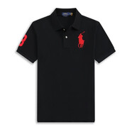 POLO SPORT美國(guó)拉夫勞倫小馬標(biāo)短袖體恤男士翻領(lǐng)純棉新款Polo衫大碼休閑男裝 黑色紅標(biāo) M /125-145