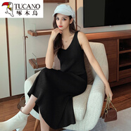 啄木鳥(niǎo)v領(lǐng)打底針織連衣裙女春秋新款中長(cháng)款毛衣吊帶裙冬季內搭背心長(cháng)裙 黑色(3345#針織吊帶裙) S (斤內)