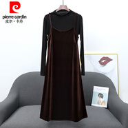 皮爾卡丹品牌高檔女裝絲絨連衣裙春秋新款金絲絨打底裙寬松背心裙吊帶氣質(zhì)無(wú)袖版長(cháng)裙氣質(zhì)減齡 咖啡色(咖啡色吊帶裙+黑色長(cháng).袖內搭) M