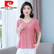 皮爾卡丹（pierre cardin） 2022夏季新款純苧麻T恤女棉麻短袖V領(lǐng)套頭衫亞麻寬松顯瘦上衣 粉色 XL