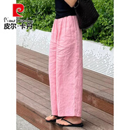 皮爾卡丹粉色褲子女夏季薄款日系棉麻闊腿褲亞麻直筒褲寬松顯瘦休閑九分褲 粉色 L ( 建議100斤-115斤)