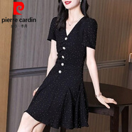 皮爾卡丹（pierre cardin）歐洲站2025夏韓版新款法式減齡領字收腰顯瘦荷葉邊小黑裙連衣裙針 黑色 L 【100-115斤】