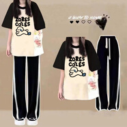 XIPR初中生夏裝運動(dòng)套裝2025新款少女時(shí)尚休閑短袖T恤高中學(xué)生兩件套 【兩件套】黑拼杏上衣+插邊褲 XL 【165cm 120-135斤】