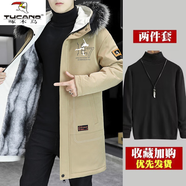 啄木鳥(niǎo)（TUCANO）棉衣派克服男沖鋒上衣服冬天加絨加厚外套潮流中長(cháng)款男士棉襖棉服 21195卡其色+黑色毛衣 新年戰袍 4XL 180-200斤左右