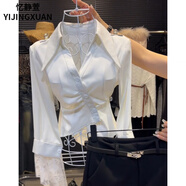憶靜萱（YIJINGXUAN）氣質(zhì)蕾絲拼接翻領(lǐng)長袖襯衫女2025秋季新款感收腰顯瘦別致襯衣 白色 M