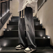 百鵲亭美式漸變牛仔褲男2025夏季新款潮牌高街寬松直筒時尚休閑褲子男 黑灰色【美式漸變】 3XL