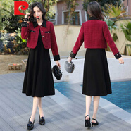 皮爾卡丹（pierre cardin）洋氣小香風(fēng)套裝裙女秋2025秋季新款時(shí)尚呢子短外套+背心裙兩件套 酒紅色 兩件套 S 【80-99斤】