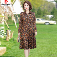皮爾卡丹（pierre cardin）中年媽媽春裝連衣裙中長(cháng)款闊太太裙子50歲中老年女春秋長(cháng)袖打底裙 咖啡色碎花 XL 【建議88-105斤】