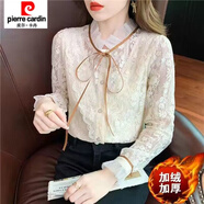 皮爾卡丹（pierre cardin）加絨蕾絲打底衫女秋冬新款洋氣保暖上衣超仙氣質(zhì)百搭大碼女裝小衫 杏色(加絨款) 4XL