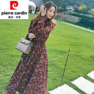 皮爾卡丹（pierre cardin）2025春夏款洋裝減齡領系帶長袖高腰連衣裙女收腰雪紡碎花中長裙針 酒紅色碎花 M