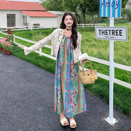 蘭伶坊民族風(fēng)兩件套裝裙波西米亞吊帶連衣裙女夏季大碼海邊度假沙灘長(cháng)裙 B3長(cháng)袖款東京繡杏色 均碼