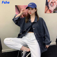 FSHE牛仔外套女韓版寬松春秋季300斤特大碼胖mm百搭潮流口袋工裝上衣 優(yōu)雅黑_寬松舒適面料 M _適合131-160斤
