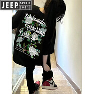 JEEP SPIRIT墨綠色美式復古t恤男320g重磅短袖潮牌潮流夏季衣服中性風(fēng)七分袖 黑色 L 適合105-120斤