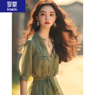 羅蒙（ROMON）雪紡連衣裙女夏季2024新款時(shí)尚中式小立領(lǐng)仙女薄荷曼波風(fēng)綠色裙子 圖色 XL