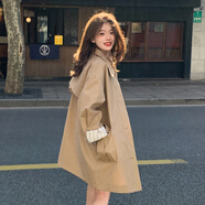 月半晴（YUEBANQING）小個(gè)子風(fēng)衣女中長款2025春秋季新款韓系簡約條紋卷邊袖單排扣外套 卡其色 L