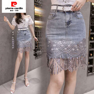 皮爾卡丹（pierre cardin）2025新款流蘇牛仔裙半身裙女褲裙包臀春夏季韓版假兩件內(nèi)襯短裙子 亮片花邊  半身裙【腰帶】 S 【75-90斤】