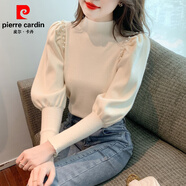皮爾卡丹（pierre cardin）半高領(lǐng)針織打底衫女感內(nèi)搭毛衣法式燈籠袖上衣2025秋冬裝新款氣質(zhì) 杏色 M 95斤-110斤