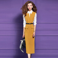 菲夢(mèng)伊撞色拼接襯衫連衣裙女春裝時(shí)尚別致通勤氣質(zhì)職業(yè)中長(cháng)款裙子 姜黃色 XL