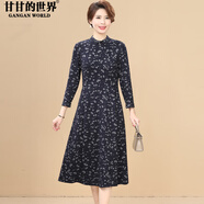 甘甘的世界中年春裝洋氣印花連衣裙2025新款甘夫人女裝中長裙 藏藍 2XL 適合135-145斤