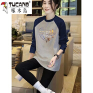 啄木鳥(niǎo)歐貨寬松t恤衫女士2025新款大版棉中長(cháng)款撞色插肩長(cháng)袖體恤上衣 花灰/寶藍插肩袖撞色長(cháng)袖 M100-115斤