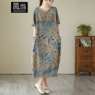 簡當(dāng)（JIANDANG）大碼女裝印花短袖連衣裙圓點(diǎn)印花寬松顯瘦復(fù)古V領(lǐng)繭型裙6005 藍(lán)波點(diǎn)-6005 L 【120-150斤】